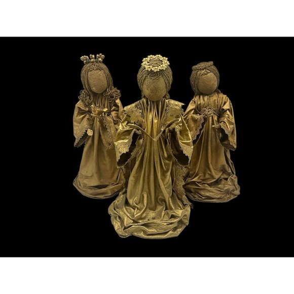 MCM Gold Angels Materials Starched and Hand Painted Antique Gold Set of 3 VTG - Picture 2 of 16